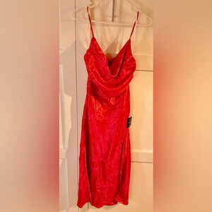 Lulus - Stunning Radiance Hot Pink Satin Jacquard Cowl Midi Dress